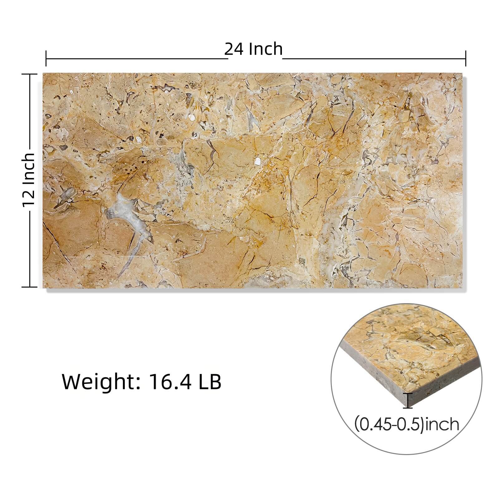 Detailed dimensions, thickness, and weight specifications for 12x24 inch Hyatt Gold polished natural marble tiles.